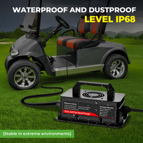 10L0L Golf Cart charger IP68 rating label emphasizing weatherproof protection