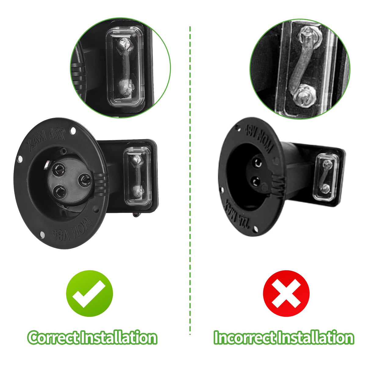 10L0L Golf Cart Charger Receptacle pins close-up for secure contact