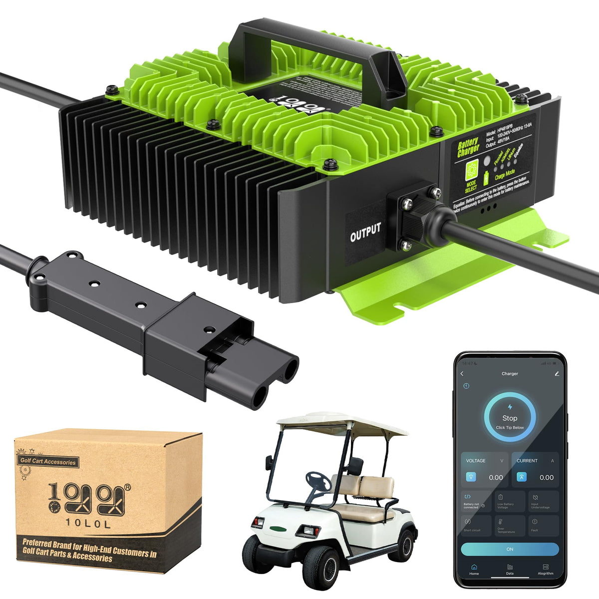 10L0L golf cart charger front view showing Yamaha G19-G22 compatibility and compact design.