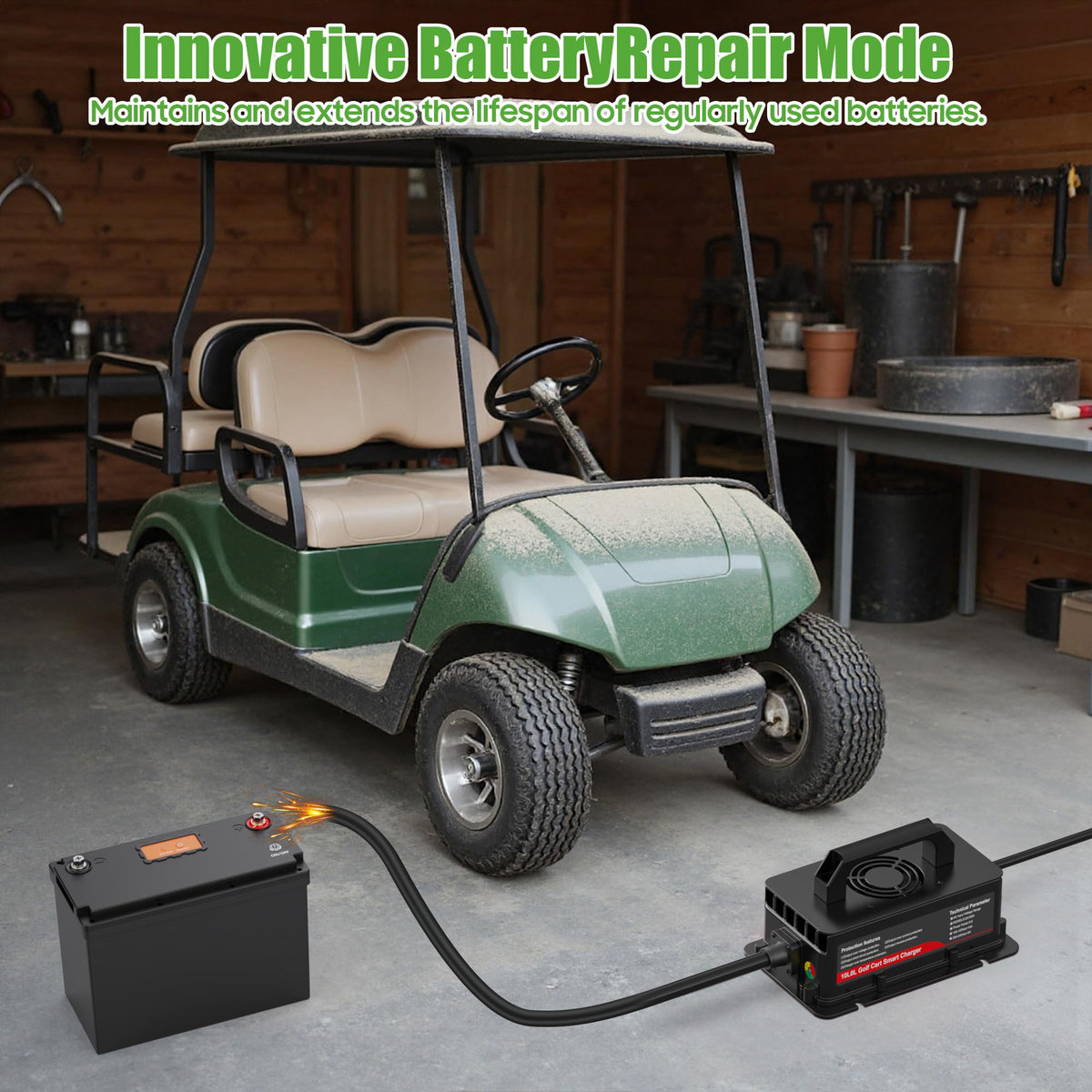 10L0L golf cart charger Yamaha G29 connectivity with long cables.