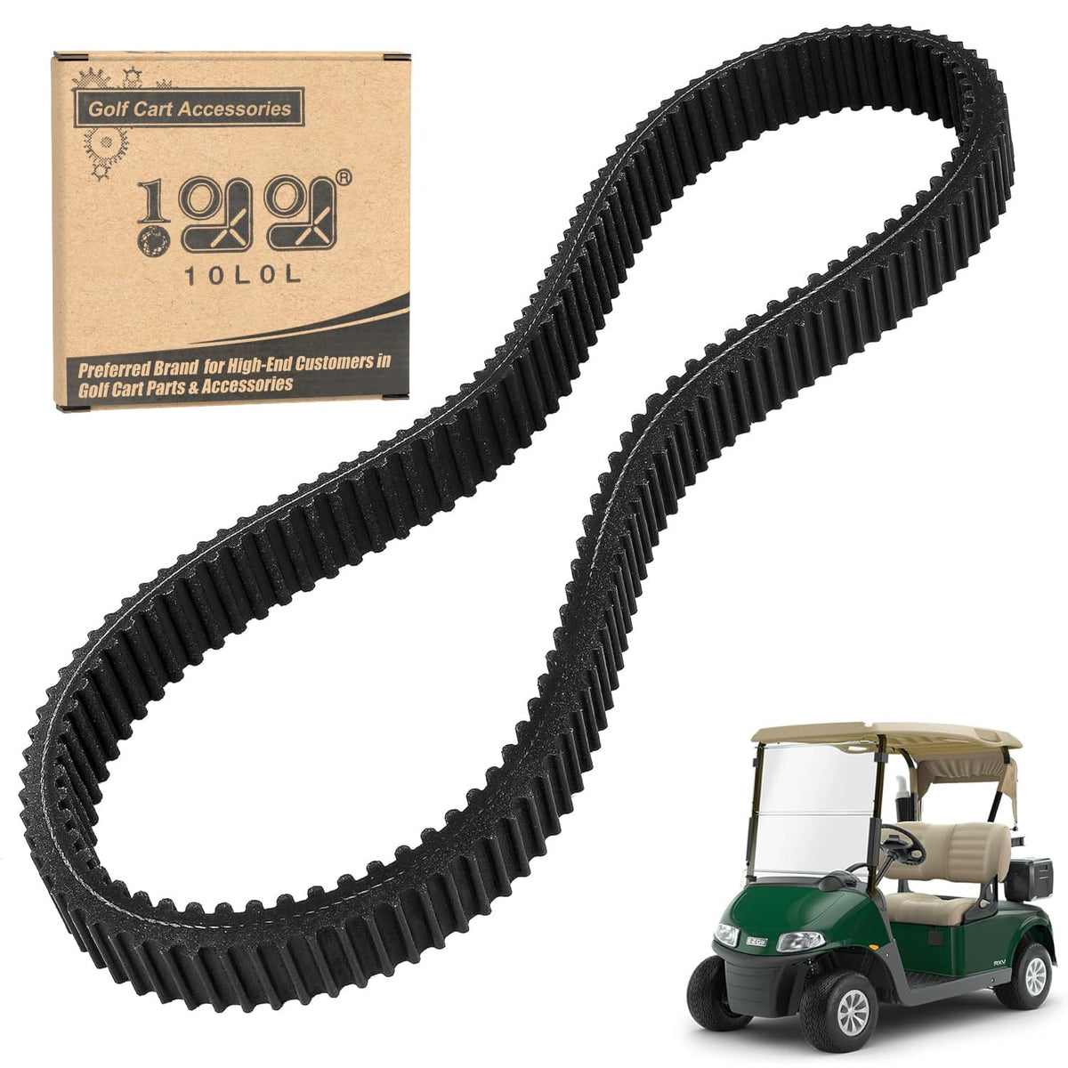 Packaging of the 10L0L belt kit for EZGO TXT/RXV, ready for replacement.