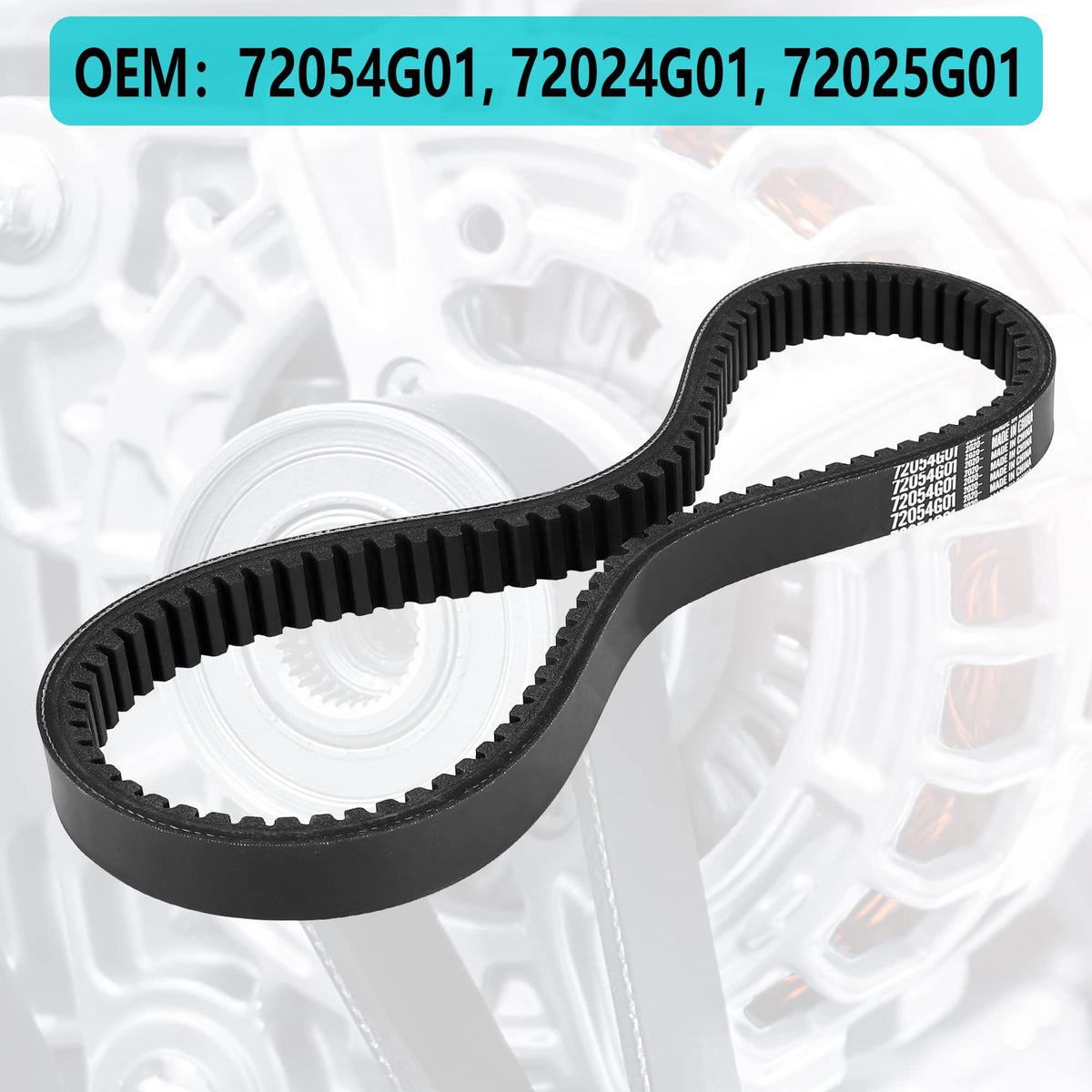 10L0L golf cart clutch drive belt closeup with OEM numbers 72024G01 72025G01 72054G01