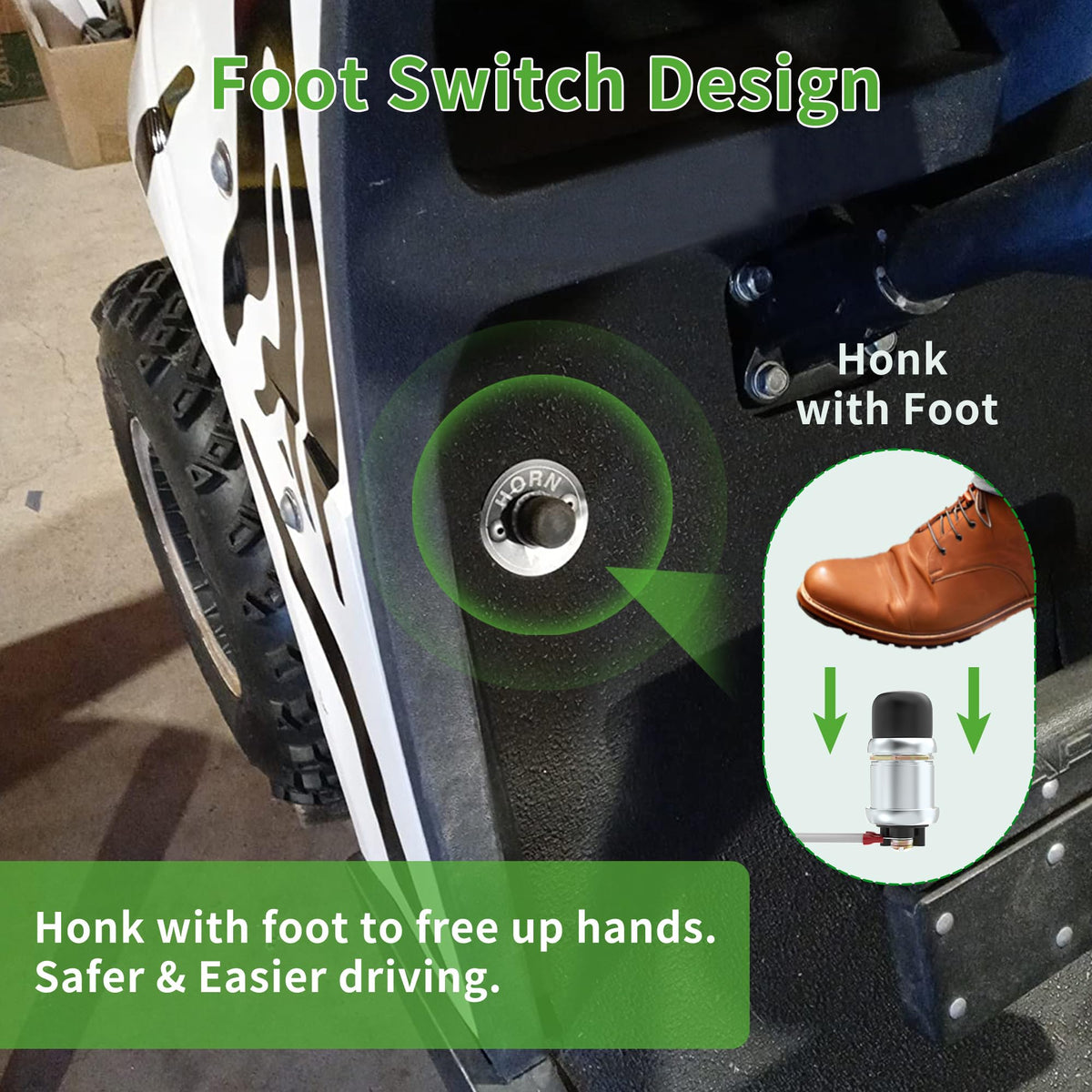 Compatibility note highlights EZGO, Club Car, Yamaha models with 12V power.