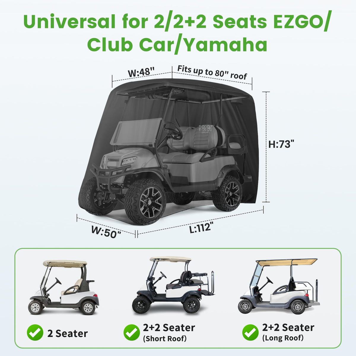 10L0L golf cart cover compatible with 2/2+2 extended roof configurations