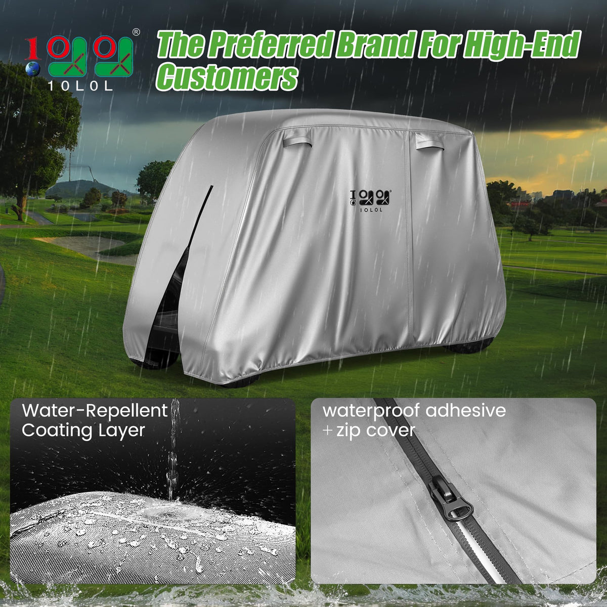 10L0L golf cart cover for 4-person EZGO and Club Car keeps interiors dry.