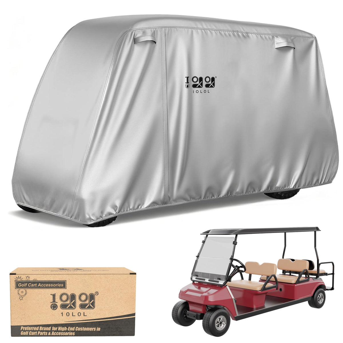 10L0L golf cart cover front view protecting a 4+2 model from rain and dust.