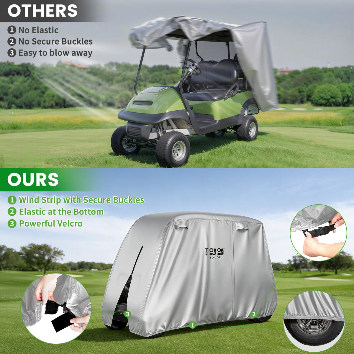 10L0L golf cart cover 4plus2 Yamaha shields rear seating from moisture.