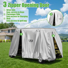The side view shows full-length zippers for quick access to seats.