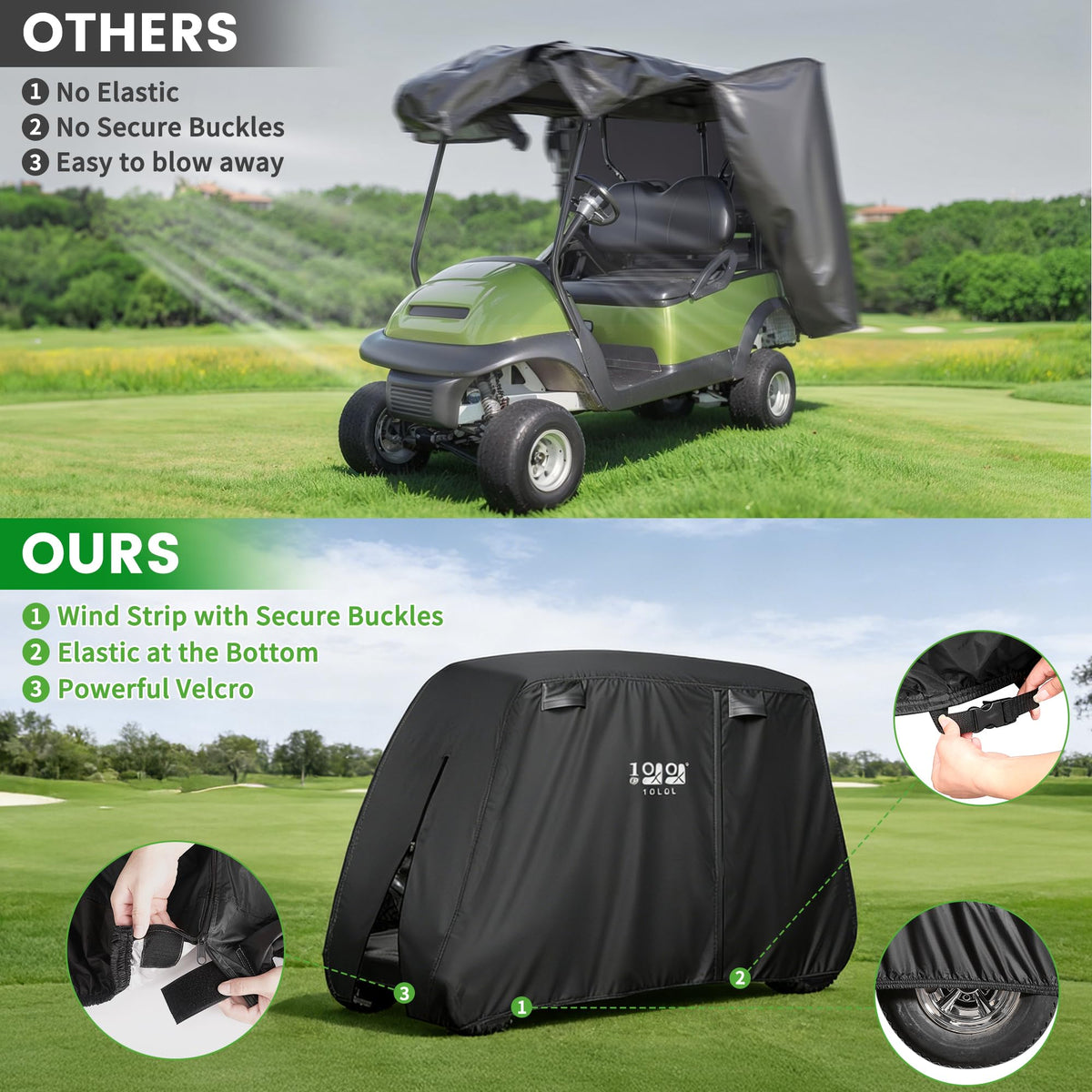 10L0L golf cart cover back view highlights three zipper doors for easy access.