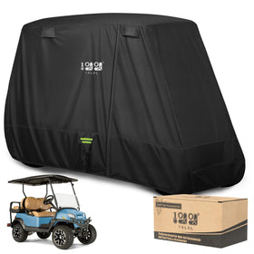 10L0L golf cart cover on a cart with extended roof protecting a 2/4/4+2 seat configuration