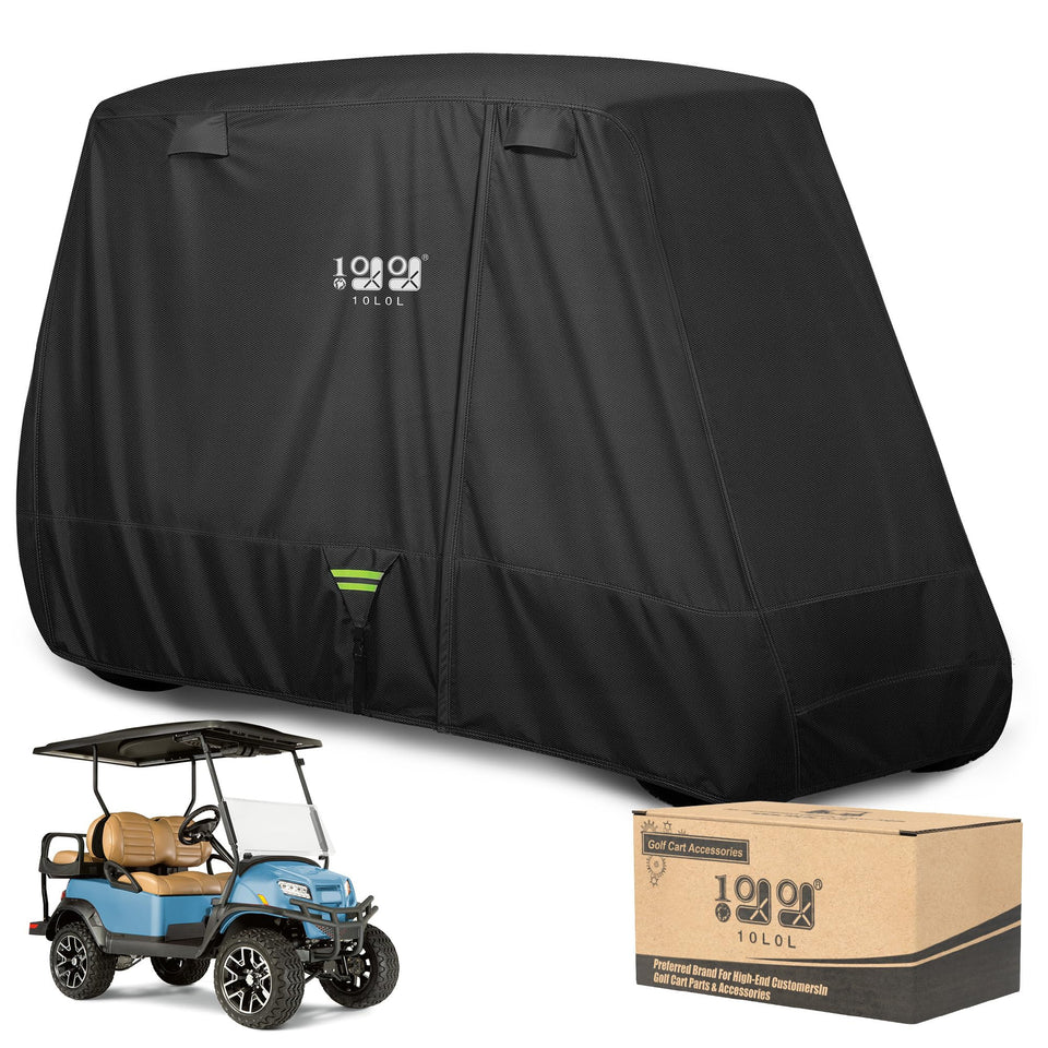10L0L golf cart cover on a cart with extended roof protecting a 2/4/4+2 seat configuration
