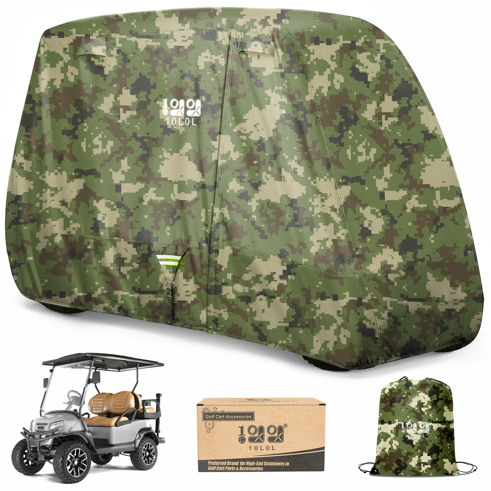 10L0L golf cart cover with extended roof front view showing full coverage
