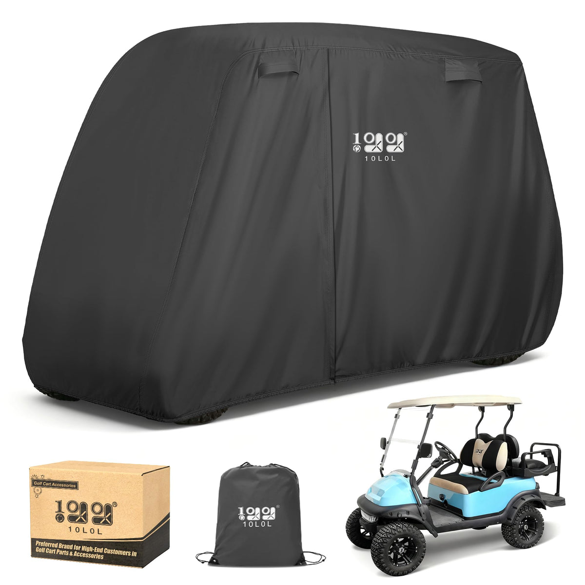 10L0L golf cart cover front view protects from rain and sun.