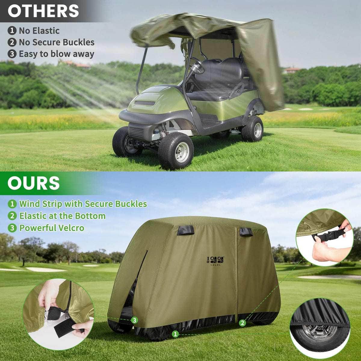 10L0L golf cart cover with self-locking doors provides easy access.