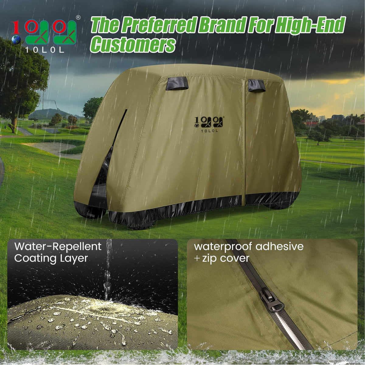 10L0L golf cart cover side view shows breathable vents and secure fit.