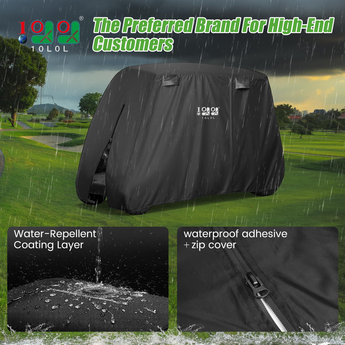 10L0L golf cart cover side view shows adjustable wind straps for snug fit.
