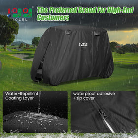 10L0L golf cart cover side view shows adjustable wind straps for snug fit.