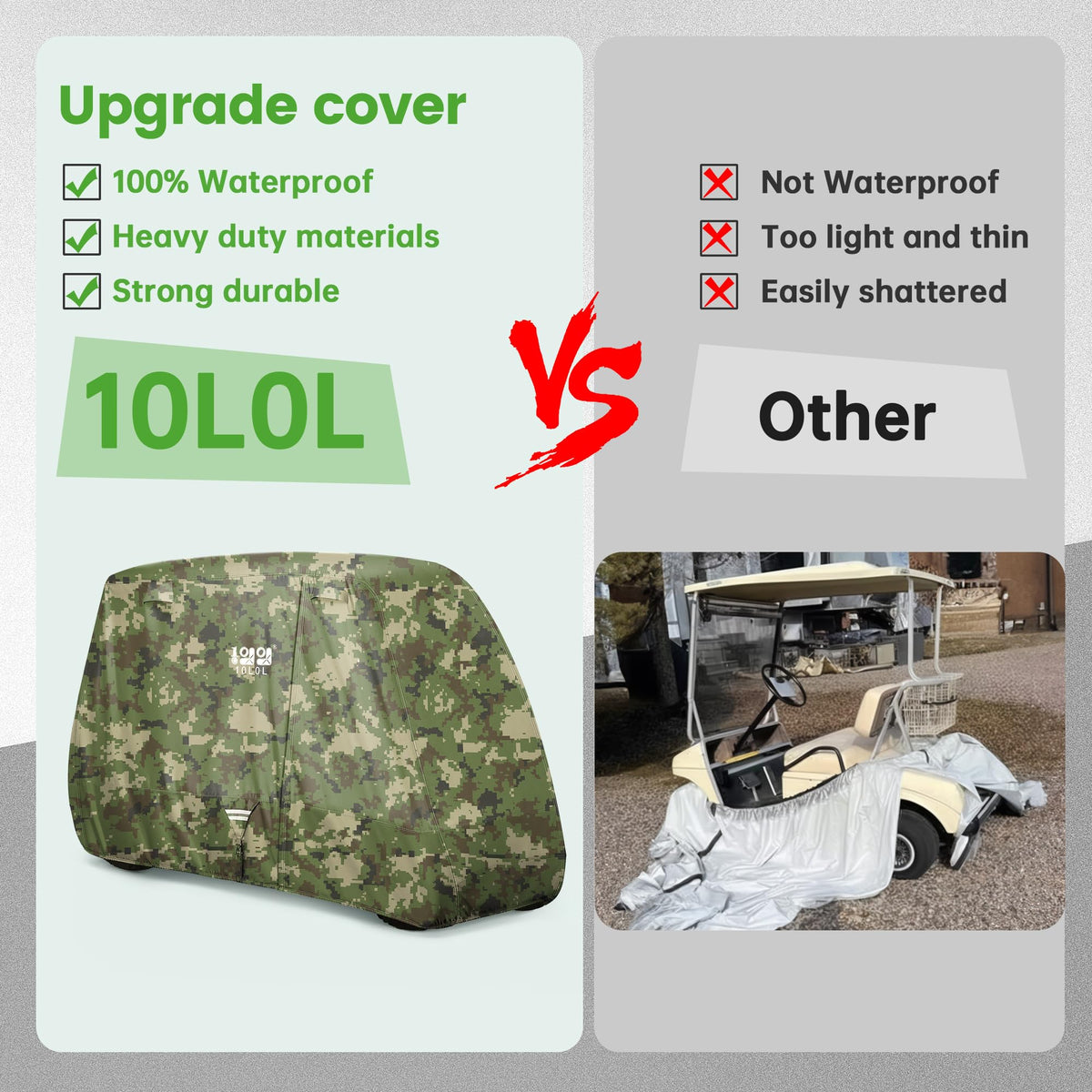 Side zipper access on 10L0L golf cart cover for easy retrieval