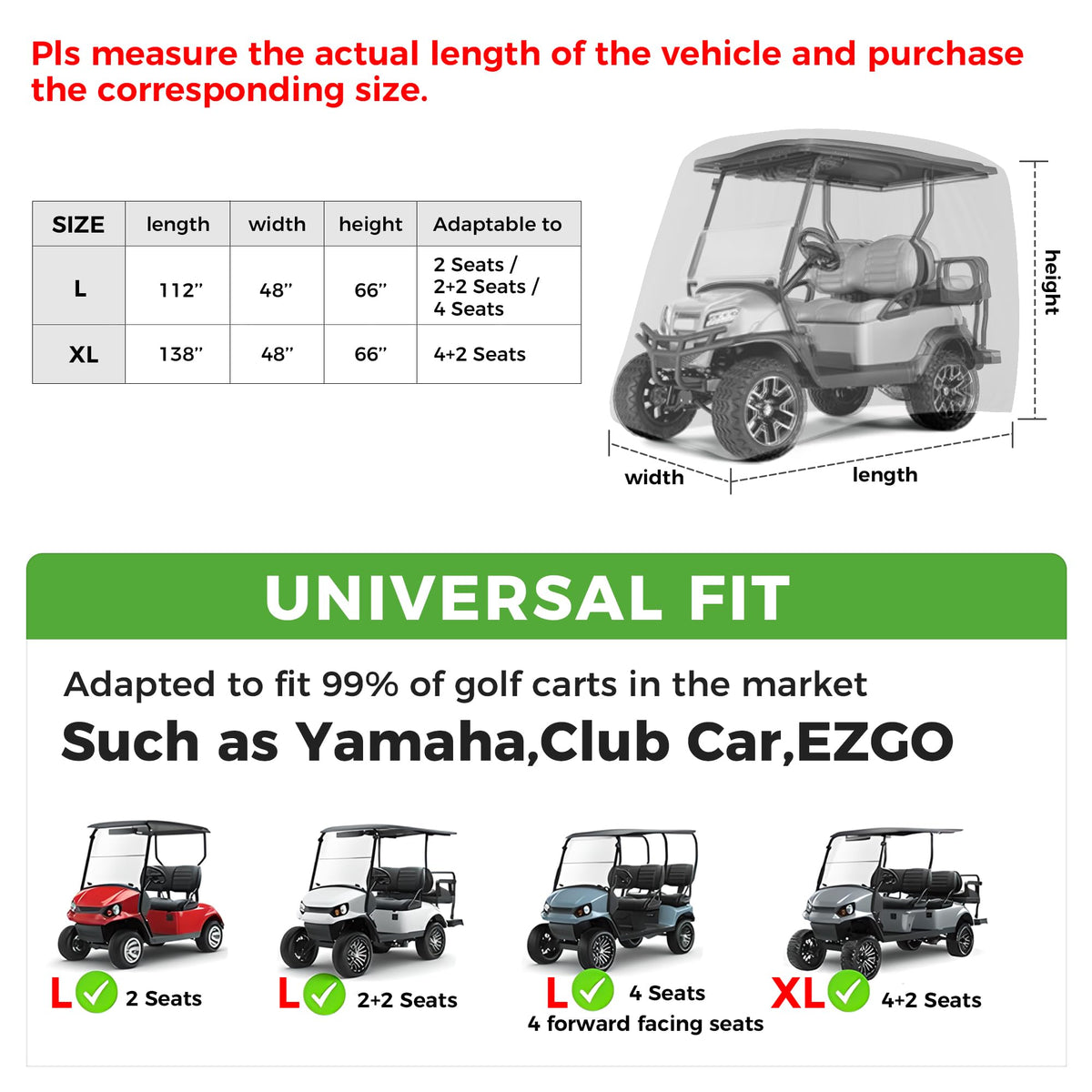 10L0L golf cart cover storage bag included for neat storage.