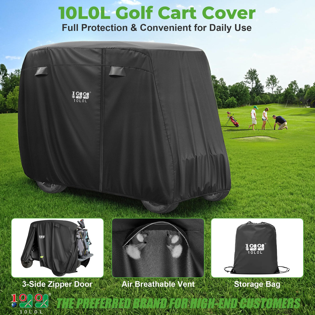 10L0L golf cart cover storage bag included for portable storage.