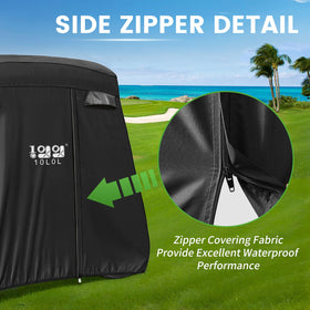 10L0L golf cart cover waterproof fabric keeps interiors dry.