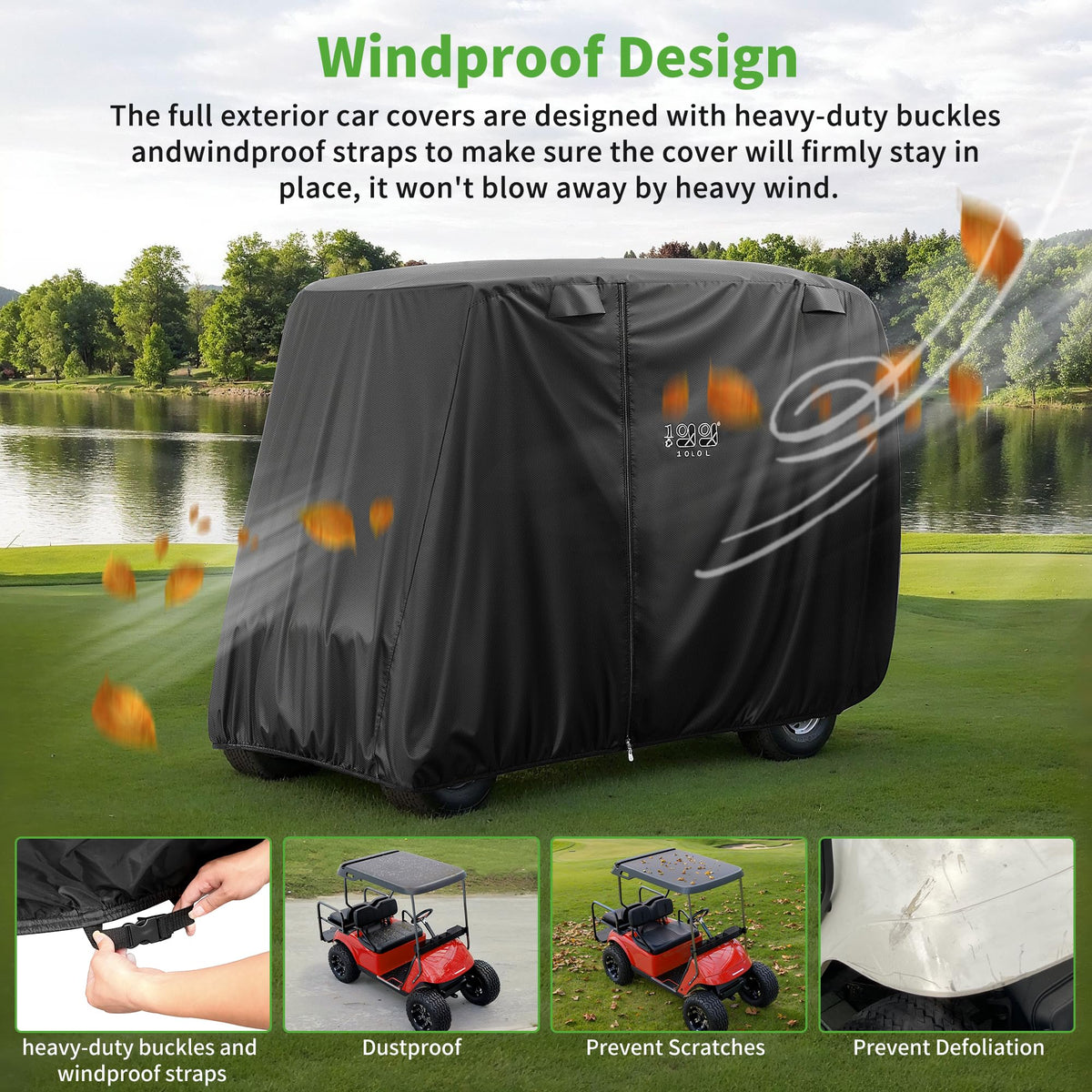 10L0L golf cart cover with adjustable wind straps for secure fit