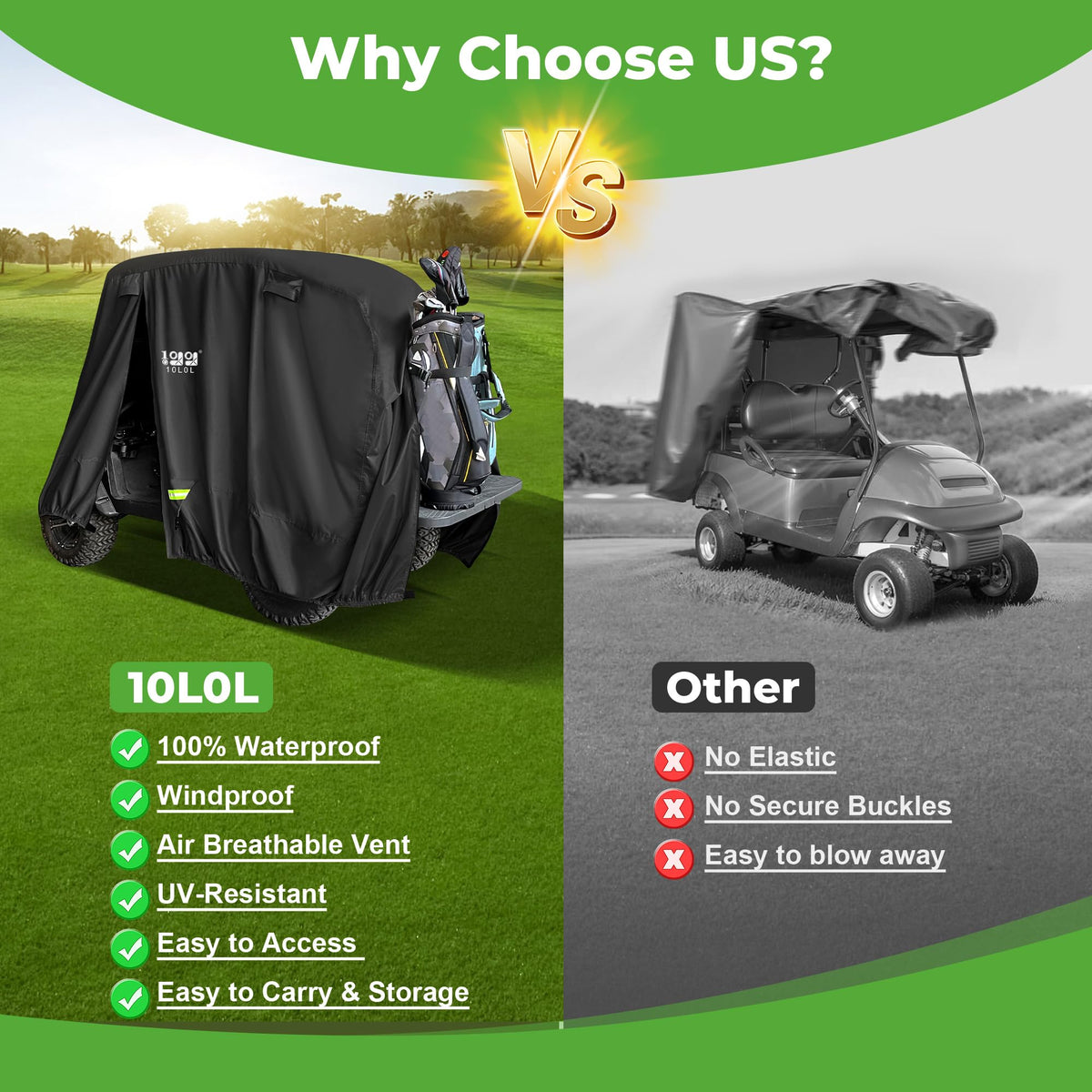 10L0L golf cart cover zipper doors access demonstrates easy cart entry.