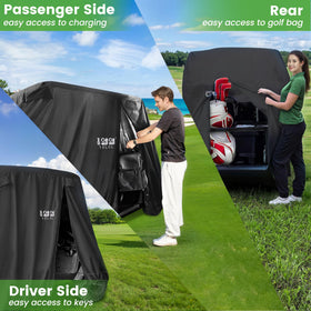 10L0L golf cart cover zipper doors in use for quick cart access.