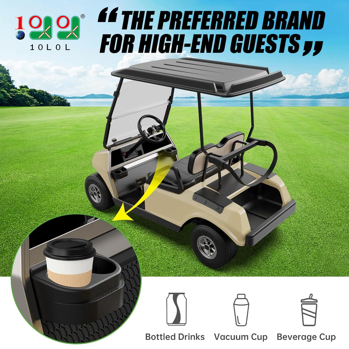 10L0L cup holder 360-degree rotation demonstrating flexible beverage access for Club Car DS