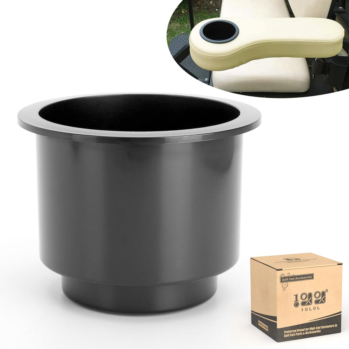 10L0L arm rest cup inserts - side view on a golf cart for stable drinks