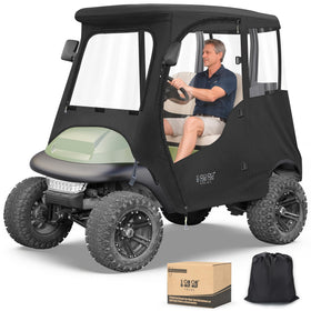 10L0L Golf Cart Deluxe Driving Enclosure front view protects two passengers from weather.