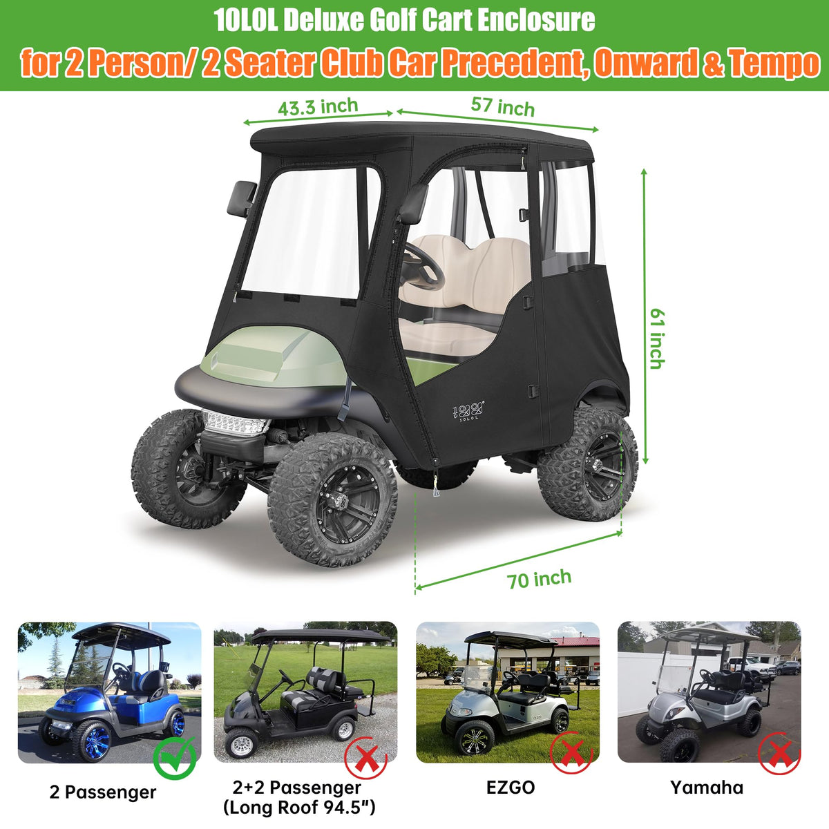 10L0L Golf Cart Deluxe Driving Enclosure front window rolled up for ventilation.