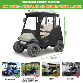 10L0L Golf Cart Deluxe Driving Enclosure front window rolled up for ventilation.