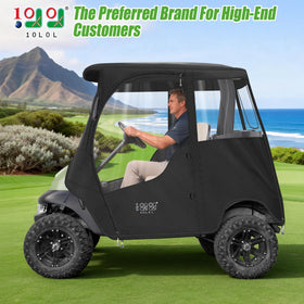 10L0L Golf Cart Deluxe Driving Enclosure side view with rolled doors for easy access.