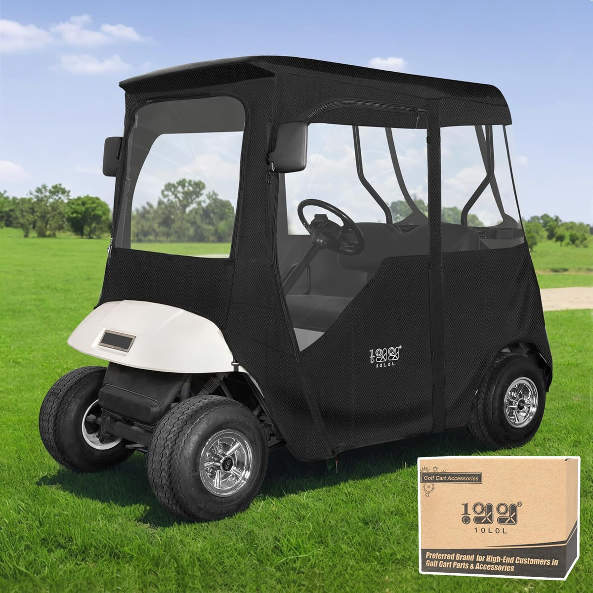 10L0L golf cart enclosure front view shows clear visibility and weather protection for EZGO TXT RXV