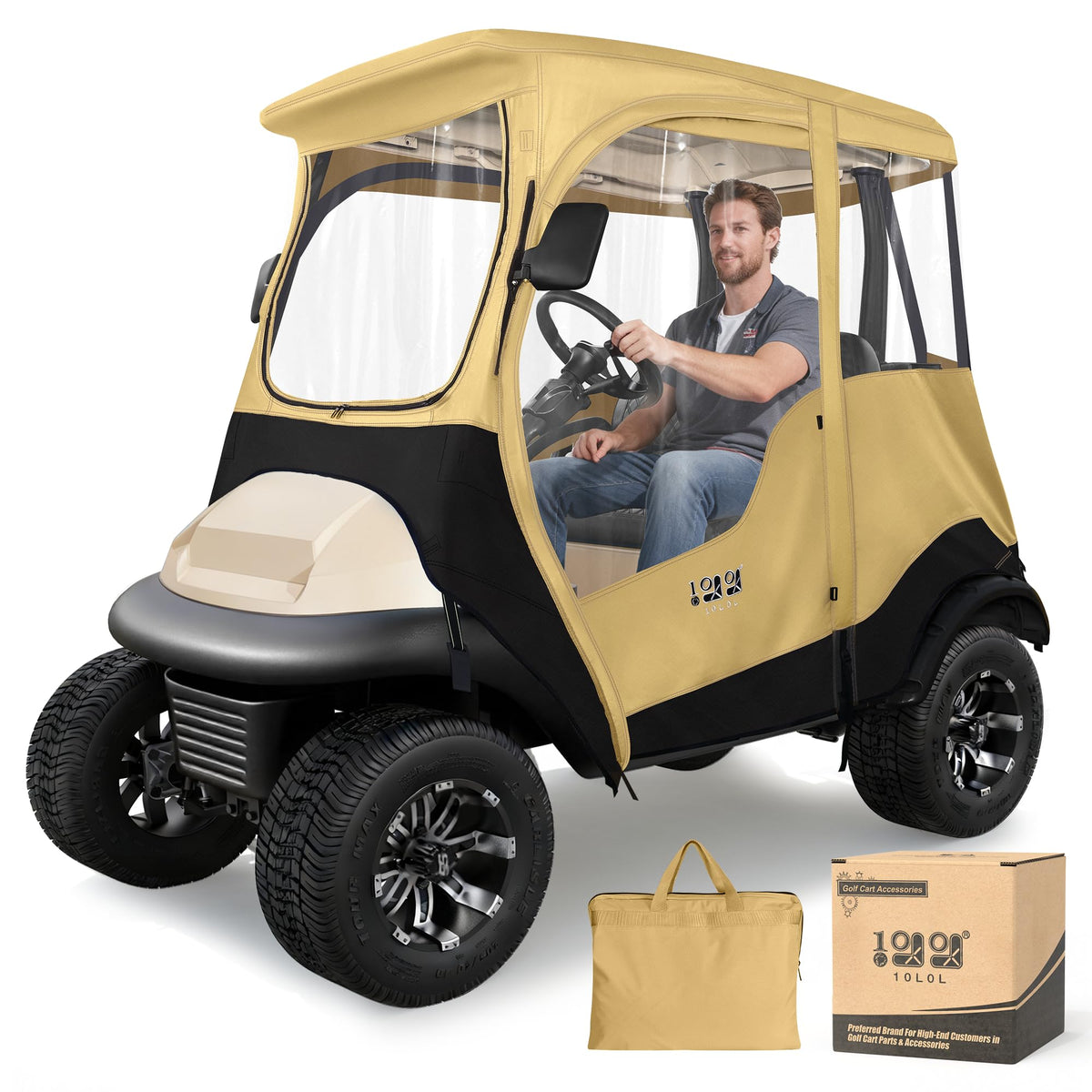 10L0L golf cart deluxe enclosure Precedent 2P in khaki protects against rain and wind.