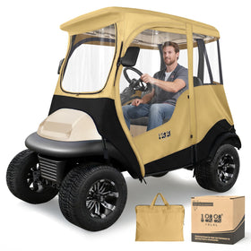 10L0L golf cart deluxe enclosure Precedent 2P in khaki protects against rain and wind.