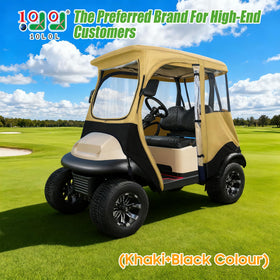 10L0L golf cart deluxe enclosure Tempo 2P in khaki shields passengers from wind.