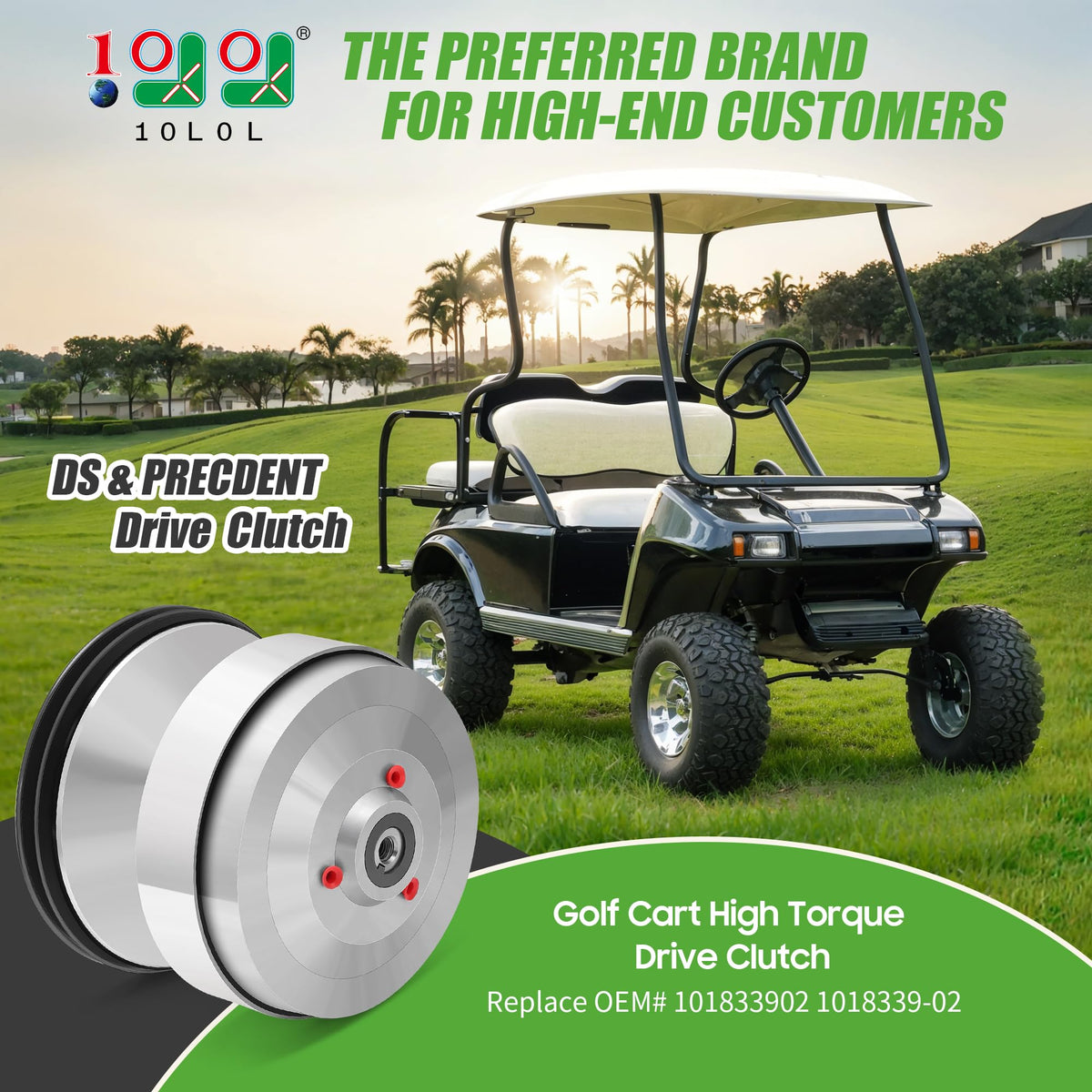10L0L golf cart drive clutch for Club Car Precedent highlights precise replacement compatibility