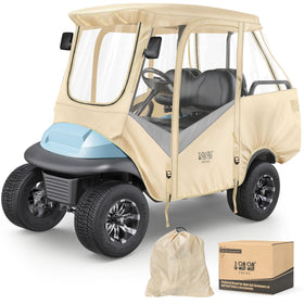 10L0L golf cart driving enclosure in beige-gray protects from rain and wind