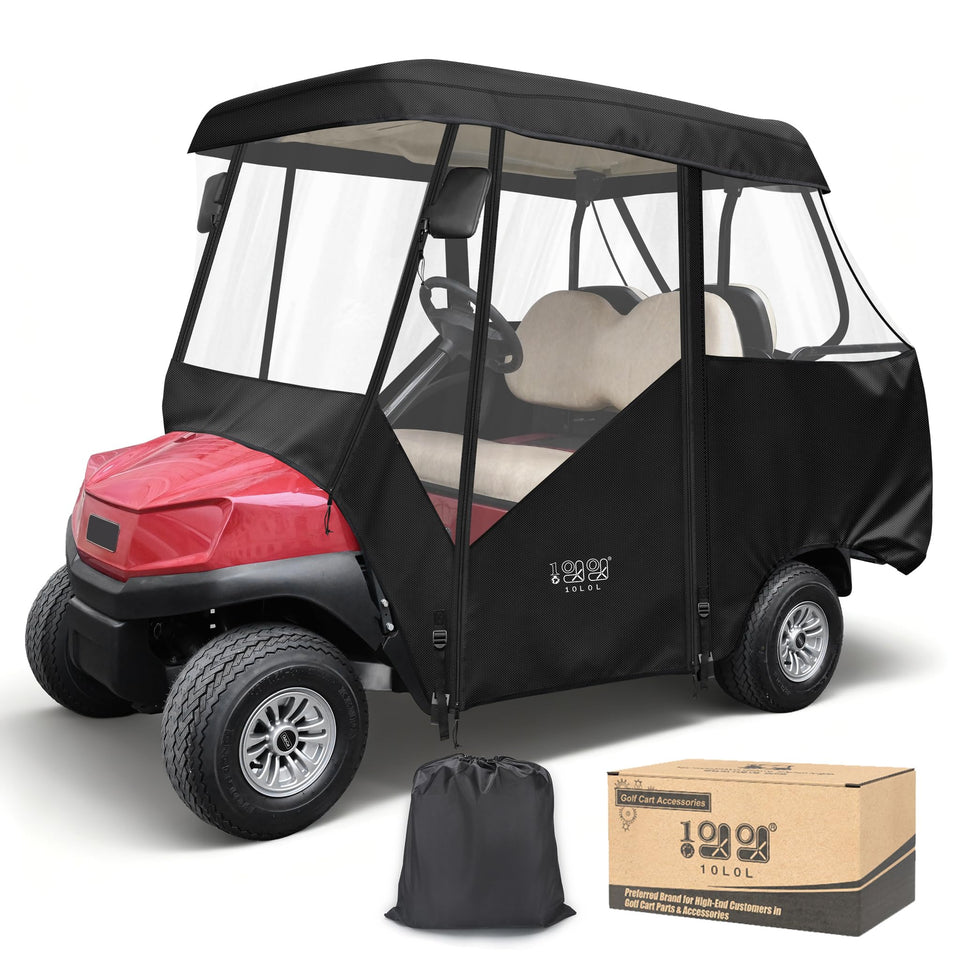 10L0L 2+2 golf cart enclosure front view showing panoramic clarity for safe reversing