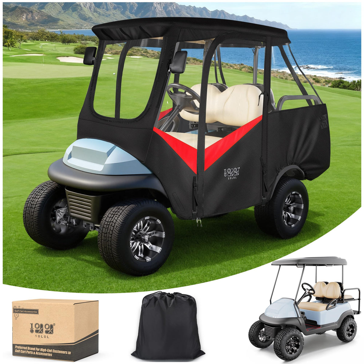 10L0L golf cart enclosure for 4 passengers with mirror openings enhances visibility.