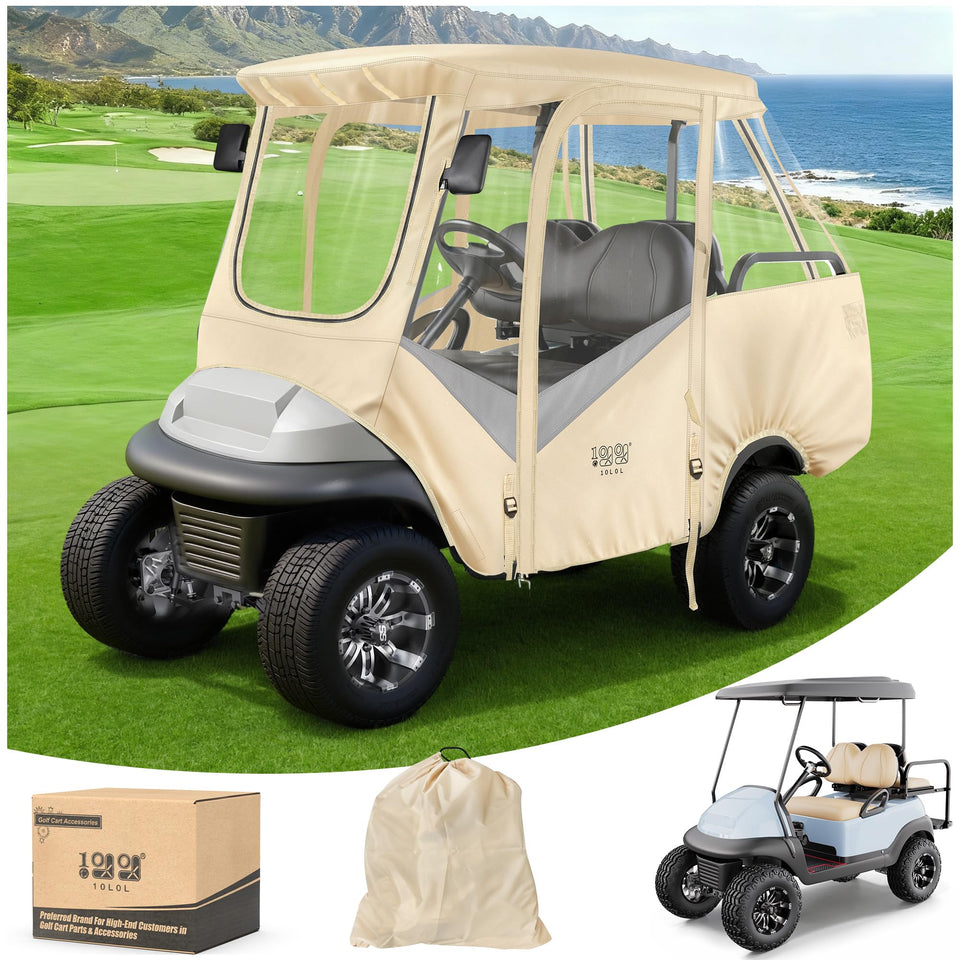 10L0L golf cart enclosure front view showing four-seat setup for rain protection and visibility.