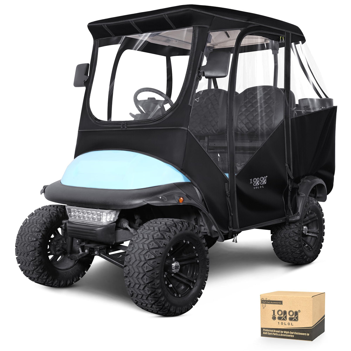 10L0L Golf Cart Enclosure front view protects from wind and rain while driving