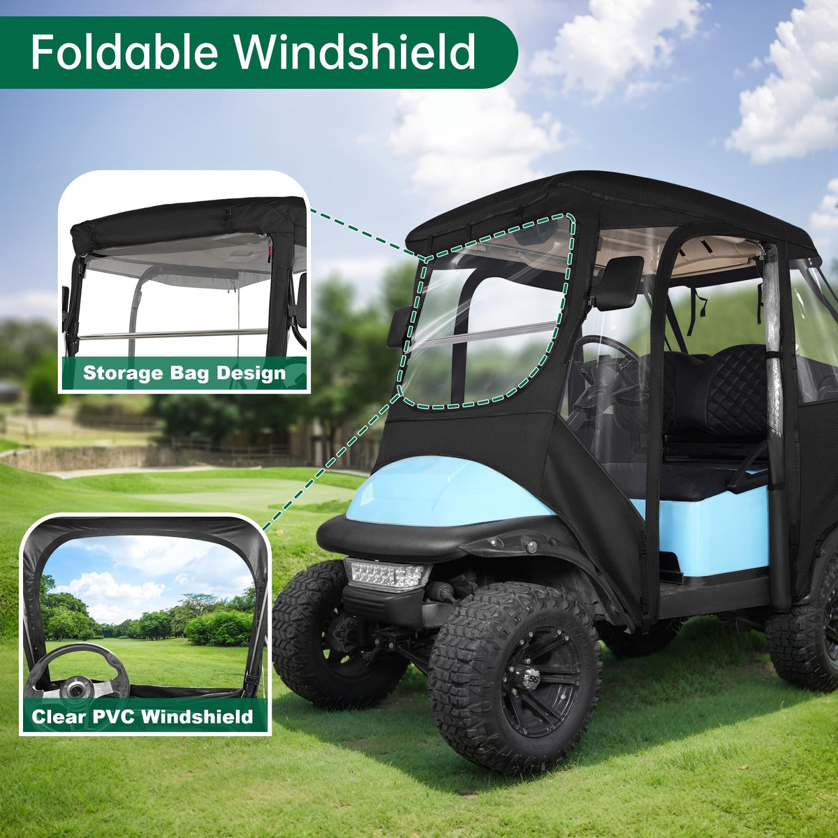 10L0L golf cart enclosure 57-inch roof highlights full coverage