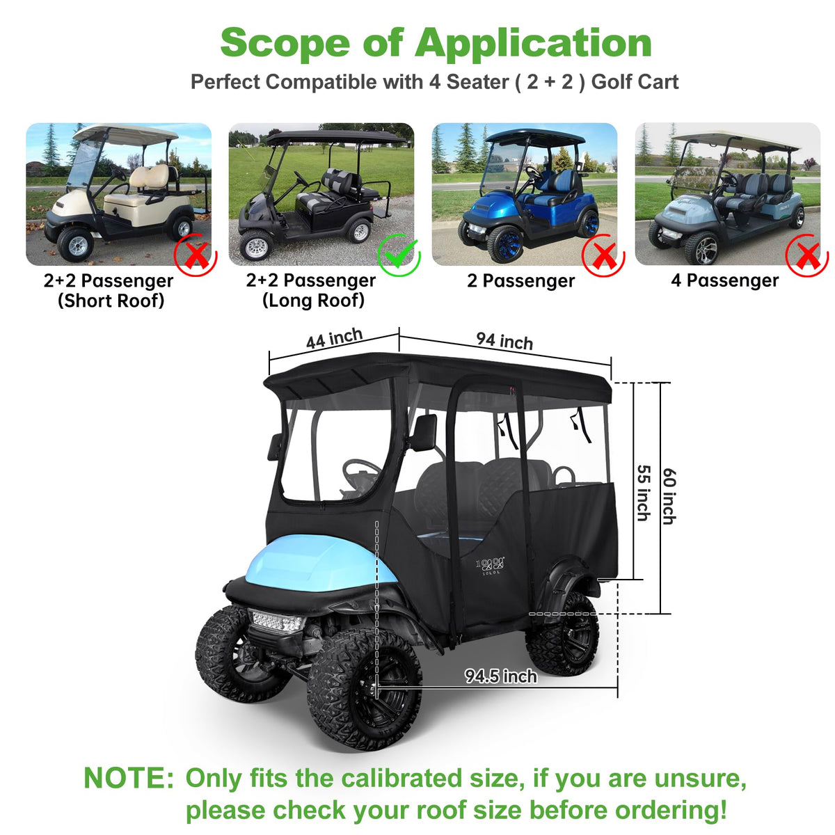 10L0L Golf Cart Enclosure 600D fabric shields from rain, wind, and UV.