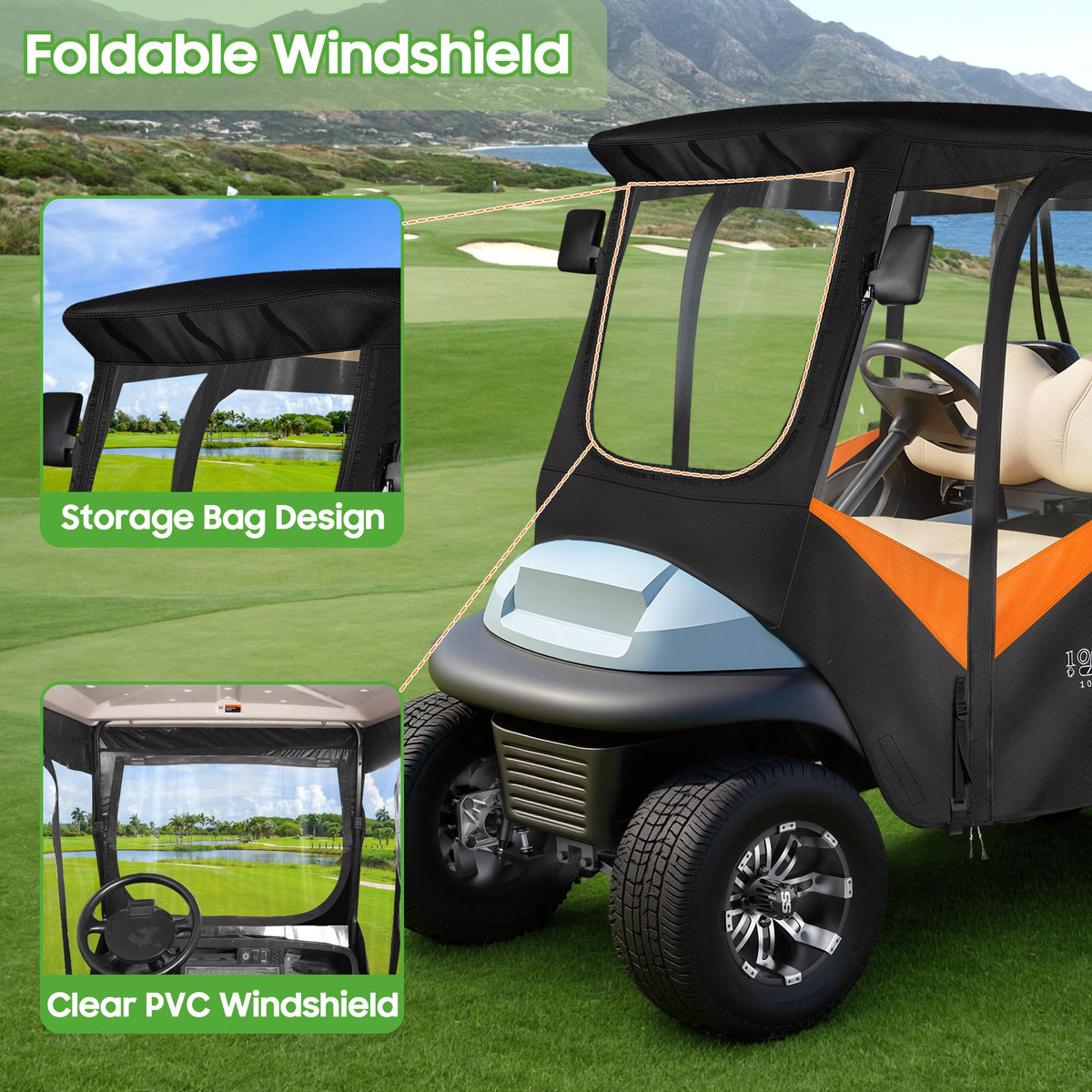 10L0L golf cart enclosure with 600D water-repellent walls protects from rain.