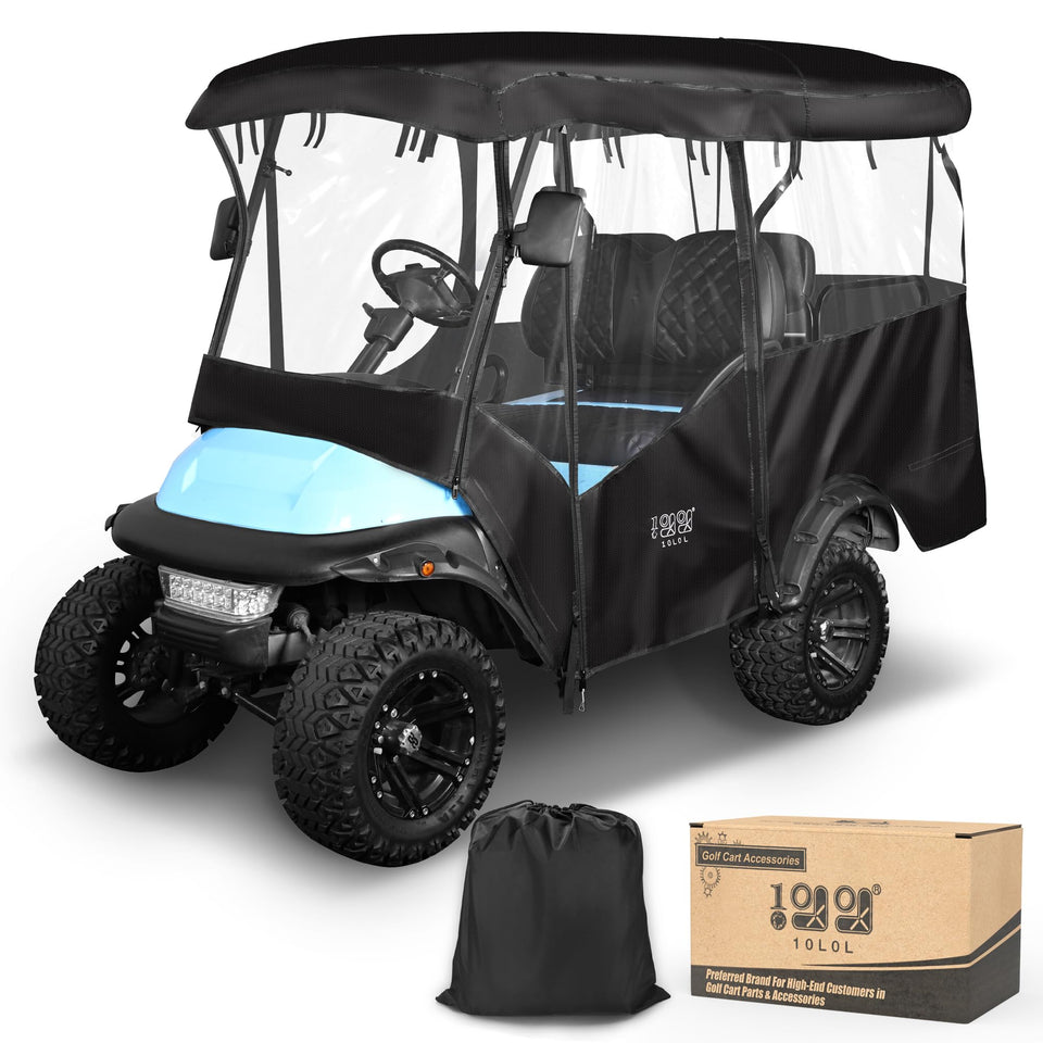 10L0L Golf Cart Enclosure front view with rugged fabric and rain protection from PVC window