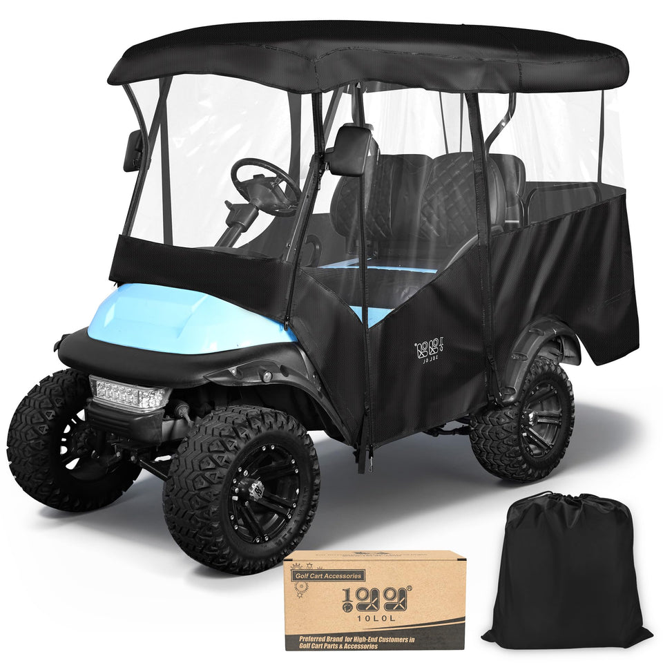 10L0L golf cart enclosure with 86-inch extended roof offering roomy protection in all weather