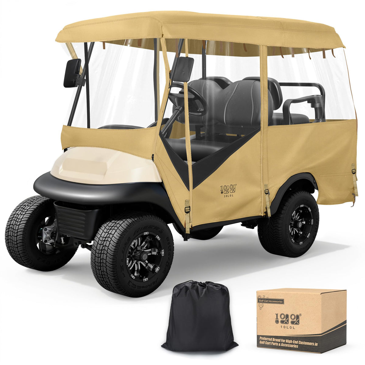10L0L golf cart enclosure with 86-inch extended roof protects a four-seat cart for all weather.